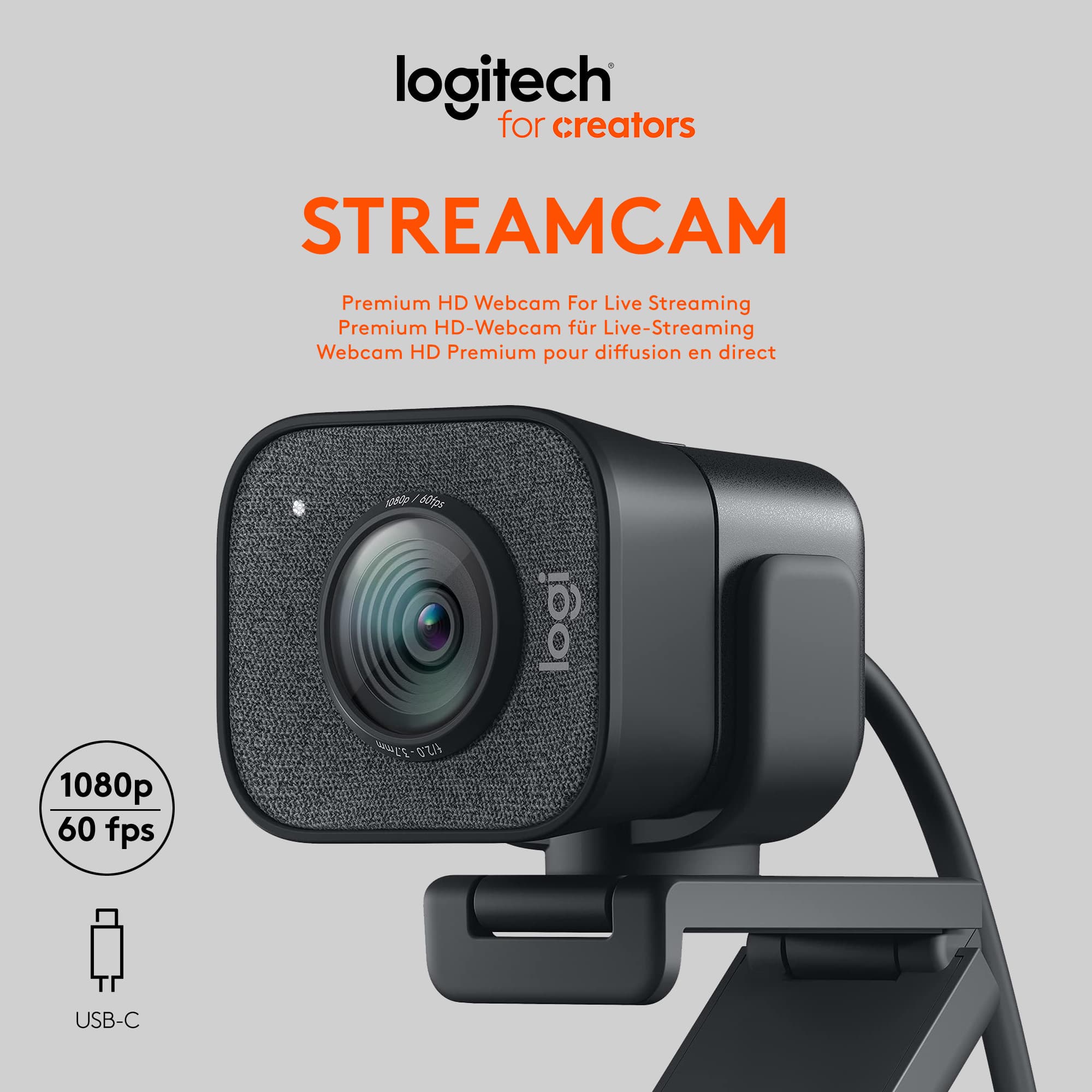 Logitech Webcam StreamCam, HD 1080p, graphite 1920x1080, 30 FPS, USB, vente au détail